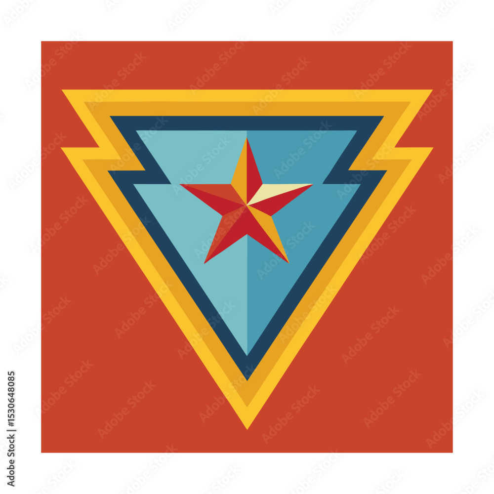 Poster retro emblem with a red star and triangle design in a bold geometric style