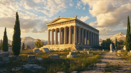 Obraz premium Ancient Greek Temple at Sunset: A Digital Reconstruction of Classical Architecture