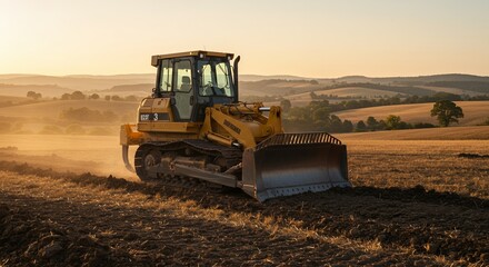 Yellow Bulldozer Pushing Soil in Rural Field at Sunset Under Golden Sky Rolling Hills Landscape in Agriculture and Construction Earthmoving