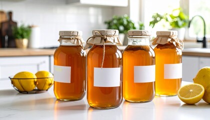 Homemade Kombucha Bottles with Blank Labels in Kitchen Setting