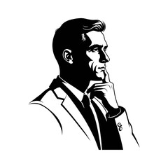 Silhouette of a businessman thinking hand on chin black and white vector design