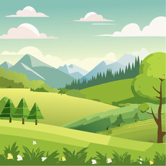 Naklejka premium Serene Green Mountain Valley A Picturesque Landscape Illustration