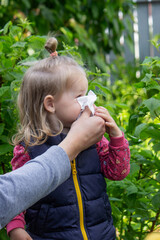 Father helps little girl wipe snot from her nose due to spring allergies