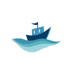 Small Blue Boat Sailing Calm Ocean Waves Simple Flat Design Icon Vector Art Image