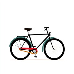 Vintage Bicycle Illustration A Stylish Black Bike with Teal Fenders, Red Chain, and White-Spoked Wheels against a White Background.