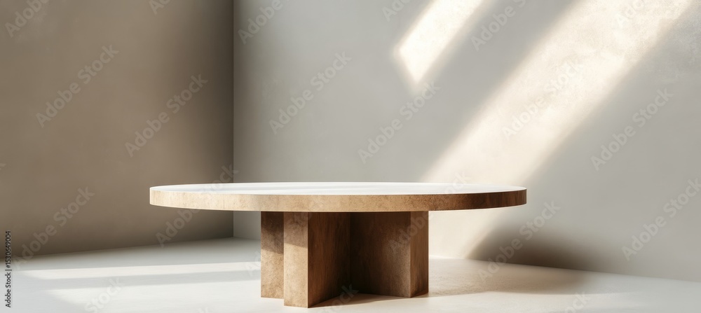 Aufkleber Minimalist Interior with Round Table and Geometric Forms in Soft Light for Product Placement Use
