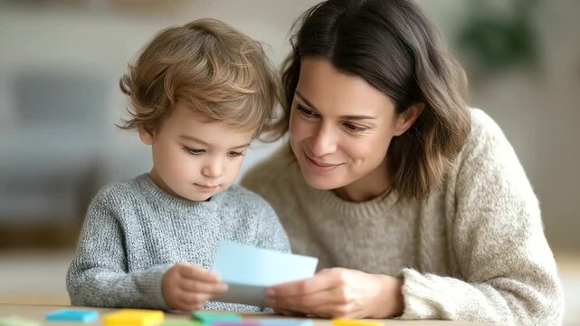 A mother guides her young son through the alphabet using colorful flashcards in a cozy living room setting.