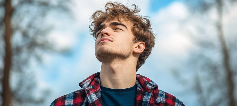 Young man relaxing outdoors, enjoying nature under a clear blue sky surrounded by trees.