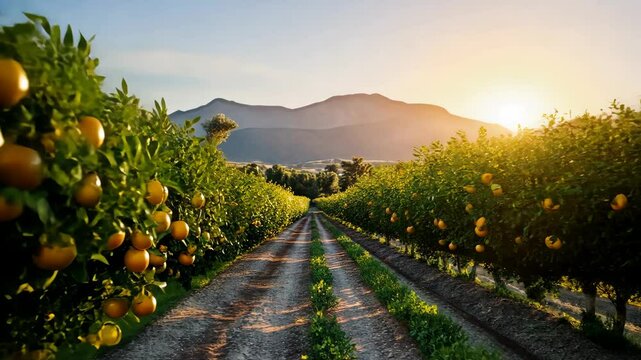 Orange Orchard at Sunset: A serene path leads through rows of orange trees heavy with fruit as the sun sets behind distant mountains.
