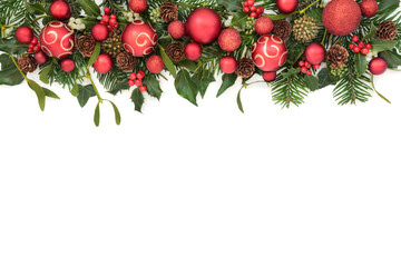 Christmas winter festive red gold bauble decorations, holly, mistletoe berries, ivy, fir, pine...