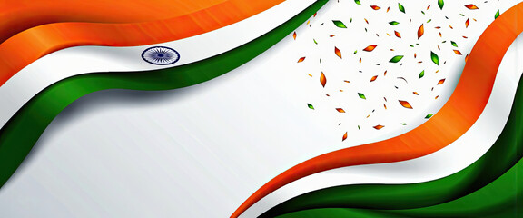 Celebrate India Independence Day with this vibrant waving flag design featuring saffron orange white and green colors and festive confetti.