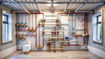 Detailed sanitary installation for a single-family house with various pipes and fittings