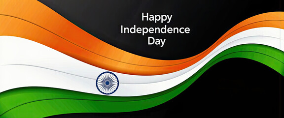 Celebrate India's Independence Day with this vibrant flag design featuring saffron, white, and green waving stripes against a black background.