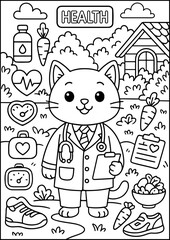 coloring book page, Anthropomorphic Animals, white coloring page, A kind cat doctor ready to help patients feel better. Fun and educational