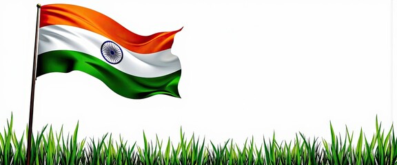 Waving Indian Flag against a lush green grass background perfect for Independence Day celebrations or patriotic designs.