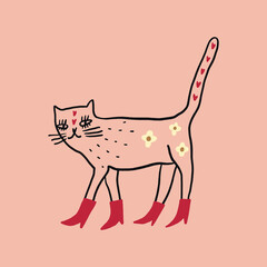 Vector clipart fashion cat in red boots sticker. EPS and JPG illustration. Funky kitten doodle trendy print, colorful hand drawn childish cartoon art. Groovy fauve abstract collage decor elements in