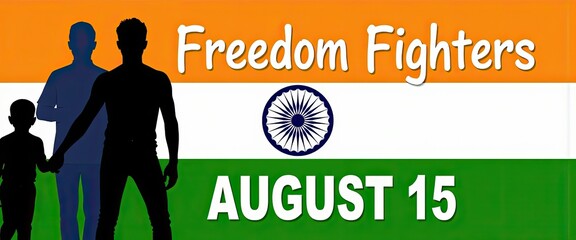Celebrating Indian Independence Day August fifteenth depicts a family silhouette against the tricolor flag honoring freedom fighters and national pride.