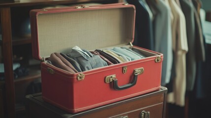 Red suitcase filled with neatly packed travel clothing and accessories, placed on a table with retro tones. 