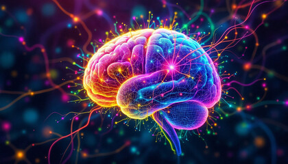 Colorful Abstract Brain with Complex Neural Network Vibrant Synaptic Connections, Dynamic Cerebral Cortex, Digital Illustration of Human Cognition and Neuroscience