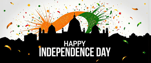 Festive Indian Independence Day Celebration Featuring Vibrant Fireworks and Iconic Buildings Silhouette