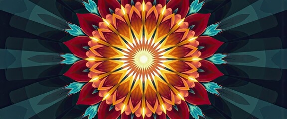 Vibrant Mandala Design Red Orange Teal Flower Pattern Artwork