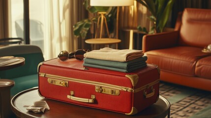 Red suitcase filled with neatly packed travel clothing and accessories, placed on a table with retro tones. 