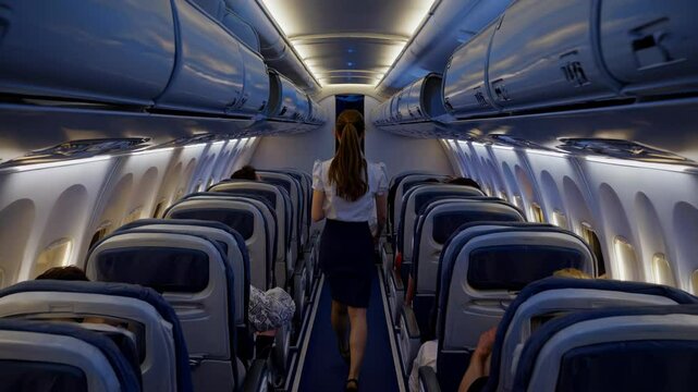 Flight attendant walking through dimly lit airplane cabin, professionally checking passengers during nighttime flight, demonstrating attentive service and calm demeanor