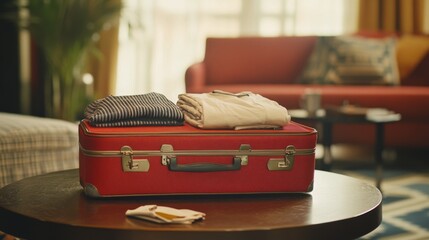 Red suitcase filled with neatly packed travel clothing and accessories, placed on a table with retro tones. 