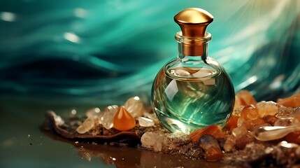 A perfume bottle with a subtle shimmer effect in the liquid inside, on a split of warm brown and sea green.