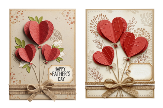 Rustic handcrafted Father's Day cards with kraft paper background, red paper heart balloons, twine bows, floral patterns, and blank or labeled tags for personalization, white / Png background