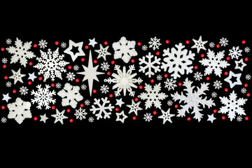 Christmas banner white snowflake, star, red holly berry decorations. Festive design on black...