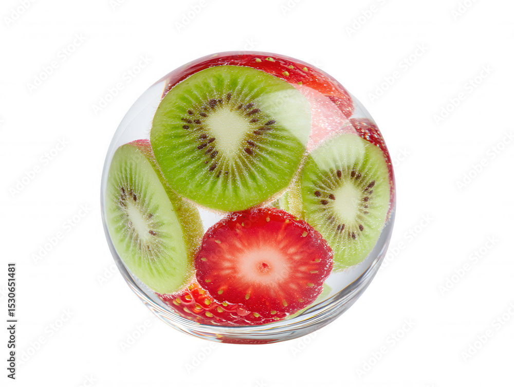 Poster fresh slices of vibrant kiwi and succulent strawberries are artfully arranged inside a transparent g