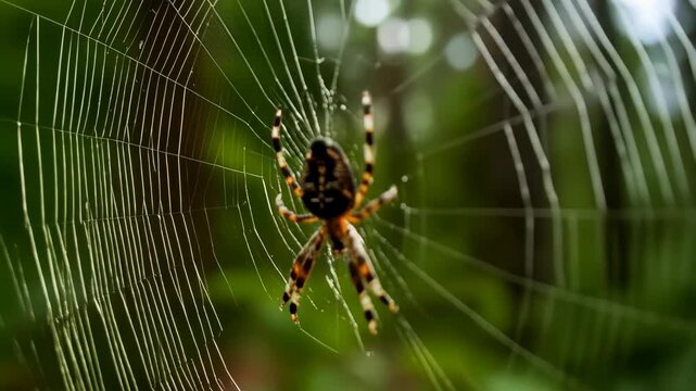 European garden spider hanging in the center of a beautiful woven spiderweb with a blurred green forest background