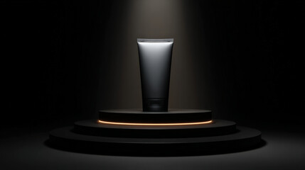 Sleek, modern sunscreen tube is showcased on circular pedestal, illuminated by dramatic spotlight against dark background, creating striking visual contrast
