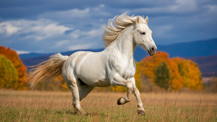 Obraz premium Majestic white horse galloping across autumn meadow with scenic mountain backdrop