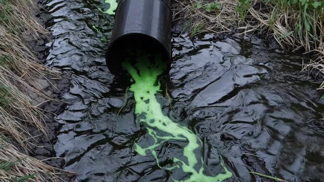 Bright fluorescent green toxic waste spills from a pipe into a small stream, polluting the clean water and creating a dangerous environmental hazard