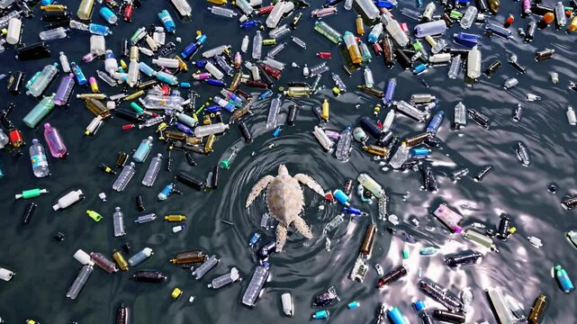 Plastic pollution endangers marine life as a sea turtle swims among plastic bottles and trash, highlighting environmental damage and the need for conservation