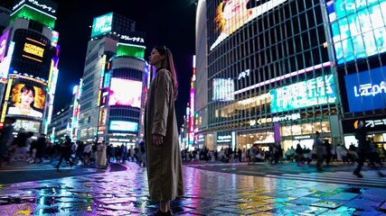Illuminated advertisements and billboards light up a young woman standing amidst the bustling shibuya crossing in tokyo at night, capturing the vibrant energy of the city
