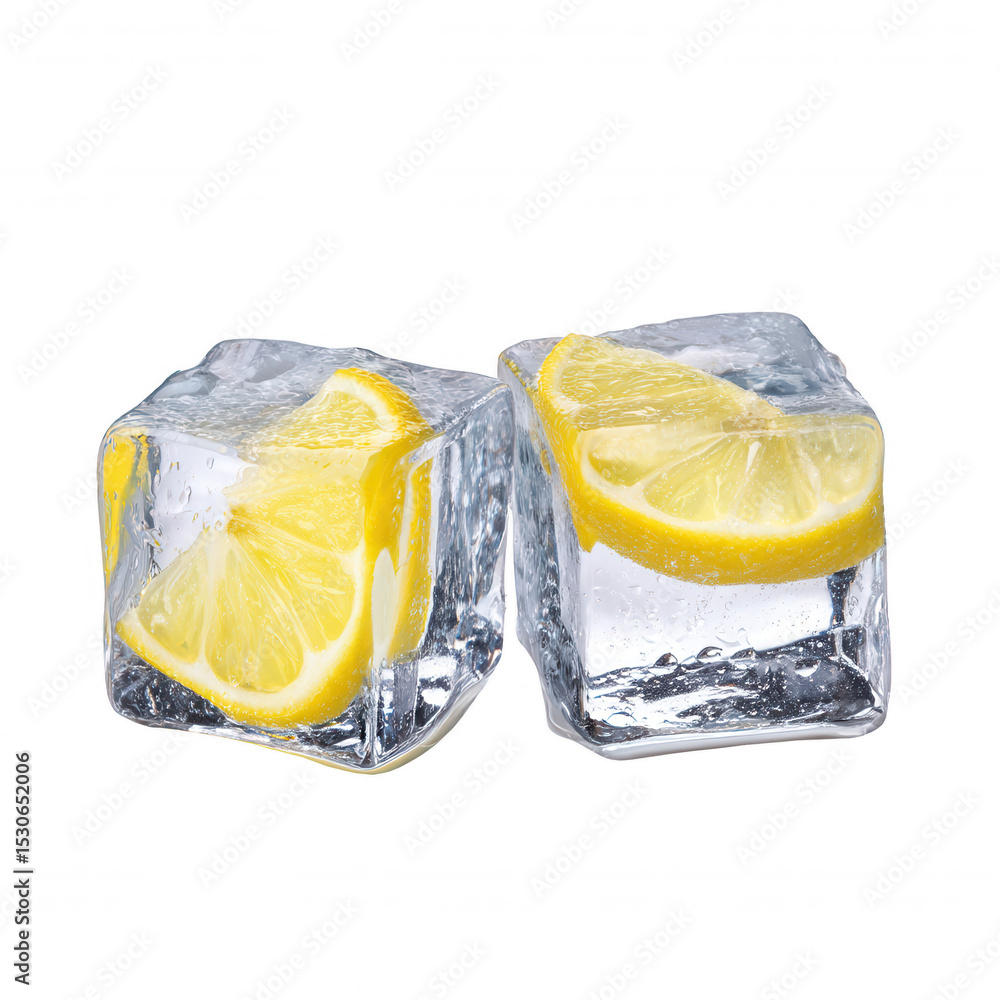 Poster two refreshing ice cubes with juicy lemon slices are isolated against a white backdrop creating a cr