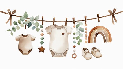 Charming Watercolor Baby Shower Banner Design with Eucalyptus Leaves, Clothes, and Montessori-Inspired Wooden Teething Toys for a Gentle Theme.