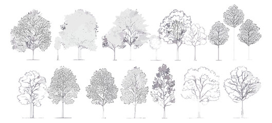 Set of trees elements in cad drawing, minimal line art, landscape symbol, vector illustration, background architecture, foliage outline, modern trees, linework, cutout.