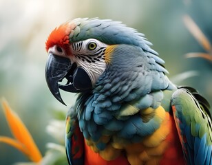 Blue and yellow parrot portrait, closeup photo