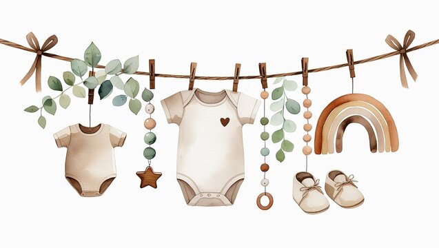 Charming Watercolor Baby Shower Banner Design with Eucalyptus Leaves, Clothes, and Montessori-Inspired Wooden Teething Toys for a Gentle Theme. - Powered by Adobe