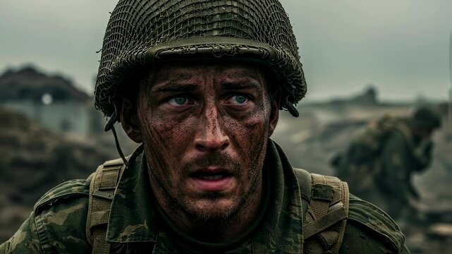 A man with a dirty face and a confused expression. Close up of a brave soldier in camouflage uniform. World war two army combat footage.