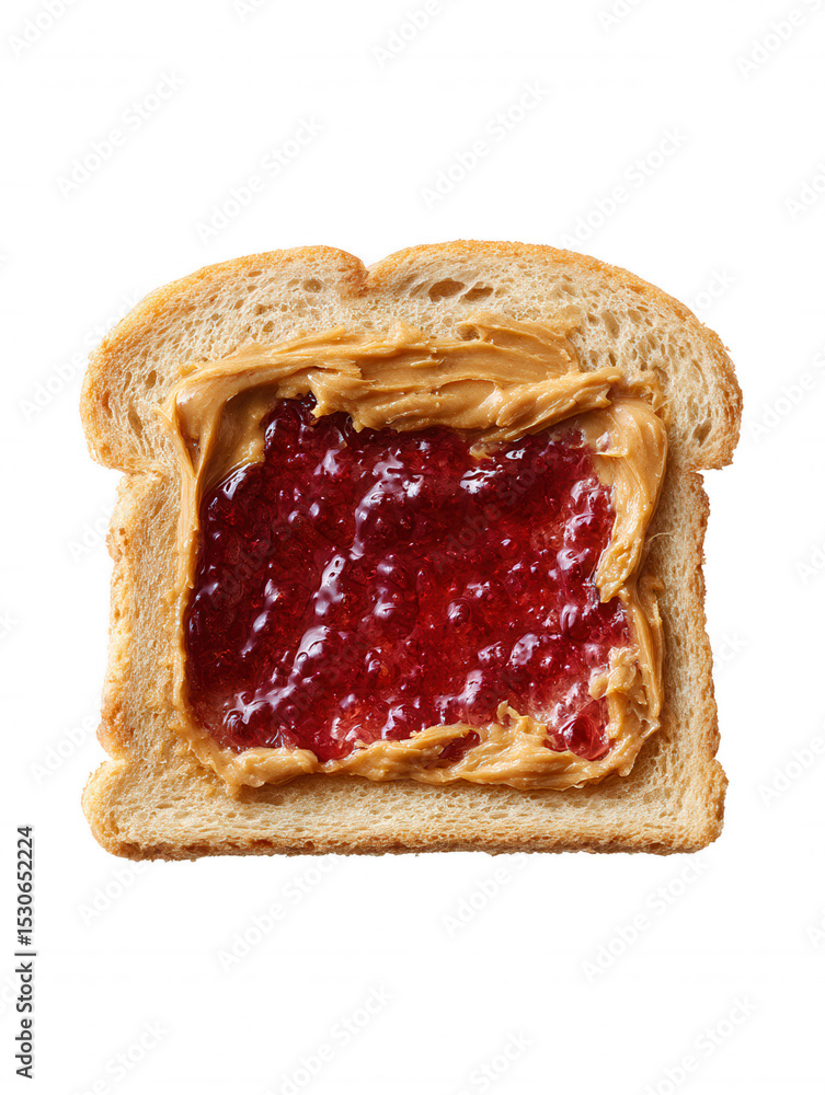 Poster a single slice of white bread is topped with peanut butter and red jelly, creating a classic and del