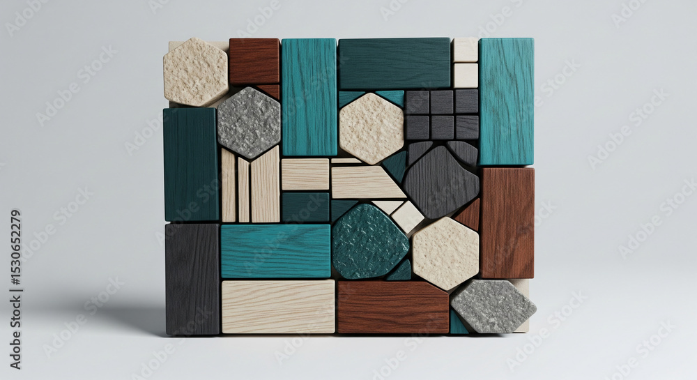 Poster Square arrangement of various wood and stone shapes, creating a textured, geometric design Showcase, ideal for abstract art or architectural concepts