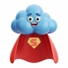 Fototapeta premium Happy Blue Cloud Superhero Cartoon Character Red Cape