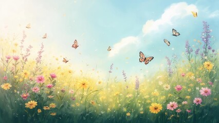 Spring meadow with butterflies background