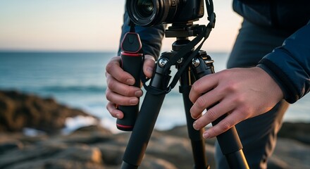 Photographer Adjusting Camera Tripod on Rocky Beach at Sunset