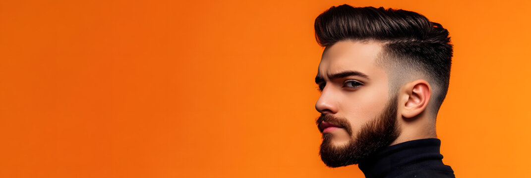 Style in action: Professional barber providing a stylish haircut - showcasing talent and fashion wide banner - orange background